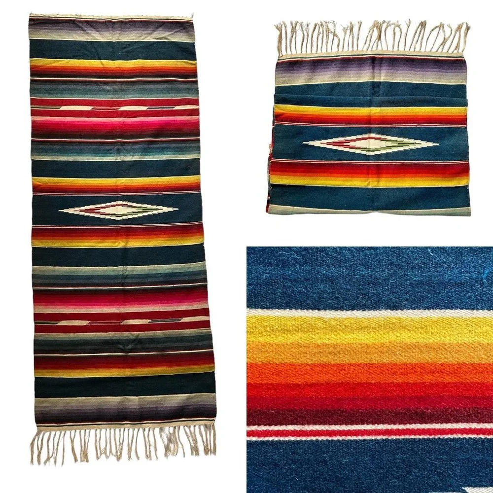 Vintage Wool Serape 62" Fringed Runner Blanket Rainbow Native Mexican American - Picture 1 of 11